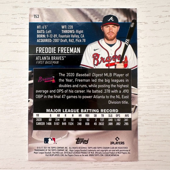 Freddie Freeman Stadium Club 2020 - Picture 2 of 2
